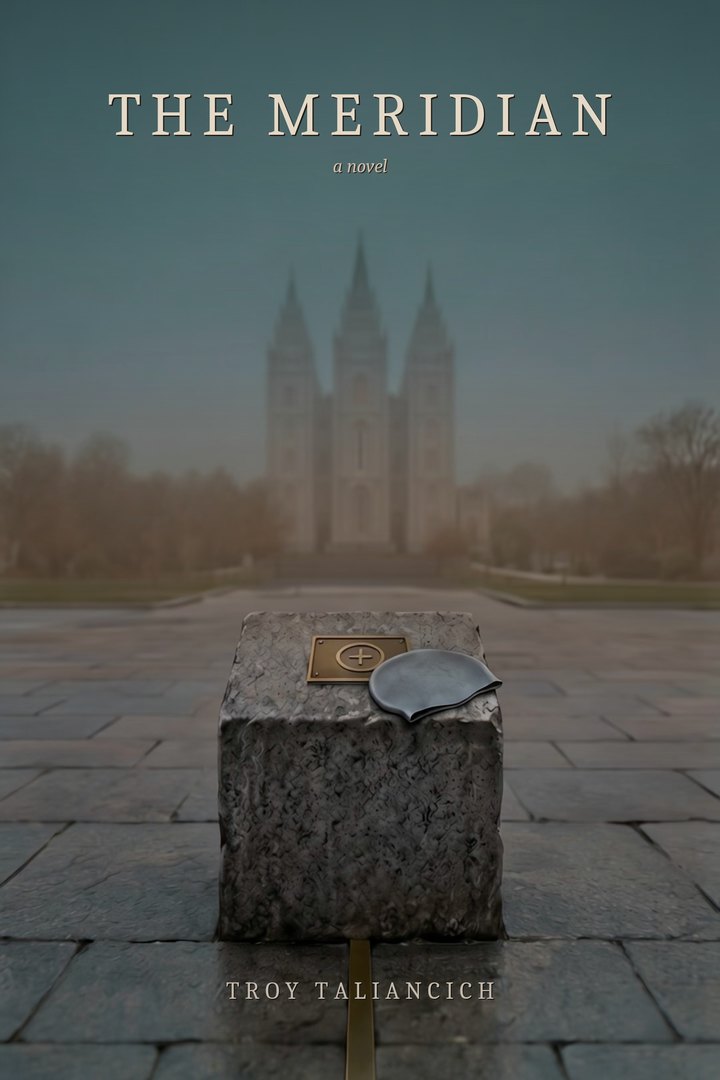 The Meridian: a survey stone on a plaza in winter haze, a swim cap set on it